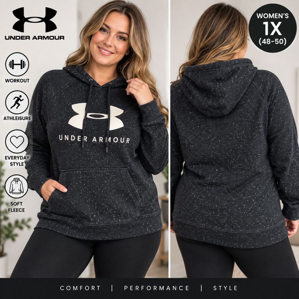 Under Armour Women 1X Black Speckled Fleece Hoodie Big Logo Loose Fit Plus Size
